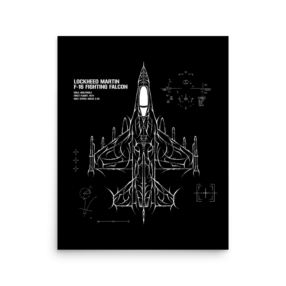 Aviation poster featuring F-16 Fighting Falcon blueprint with tactical line art on black background