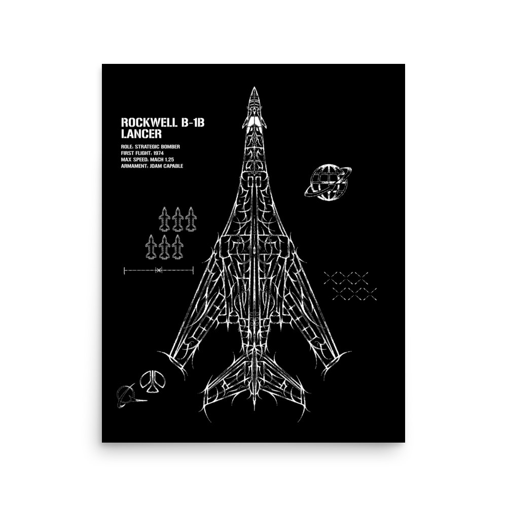 Black poster featuring white line art diagram of Rockwell B-1B Lancer bomber with technical data.