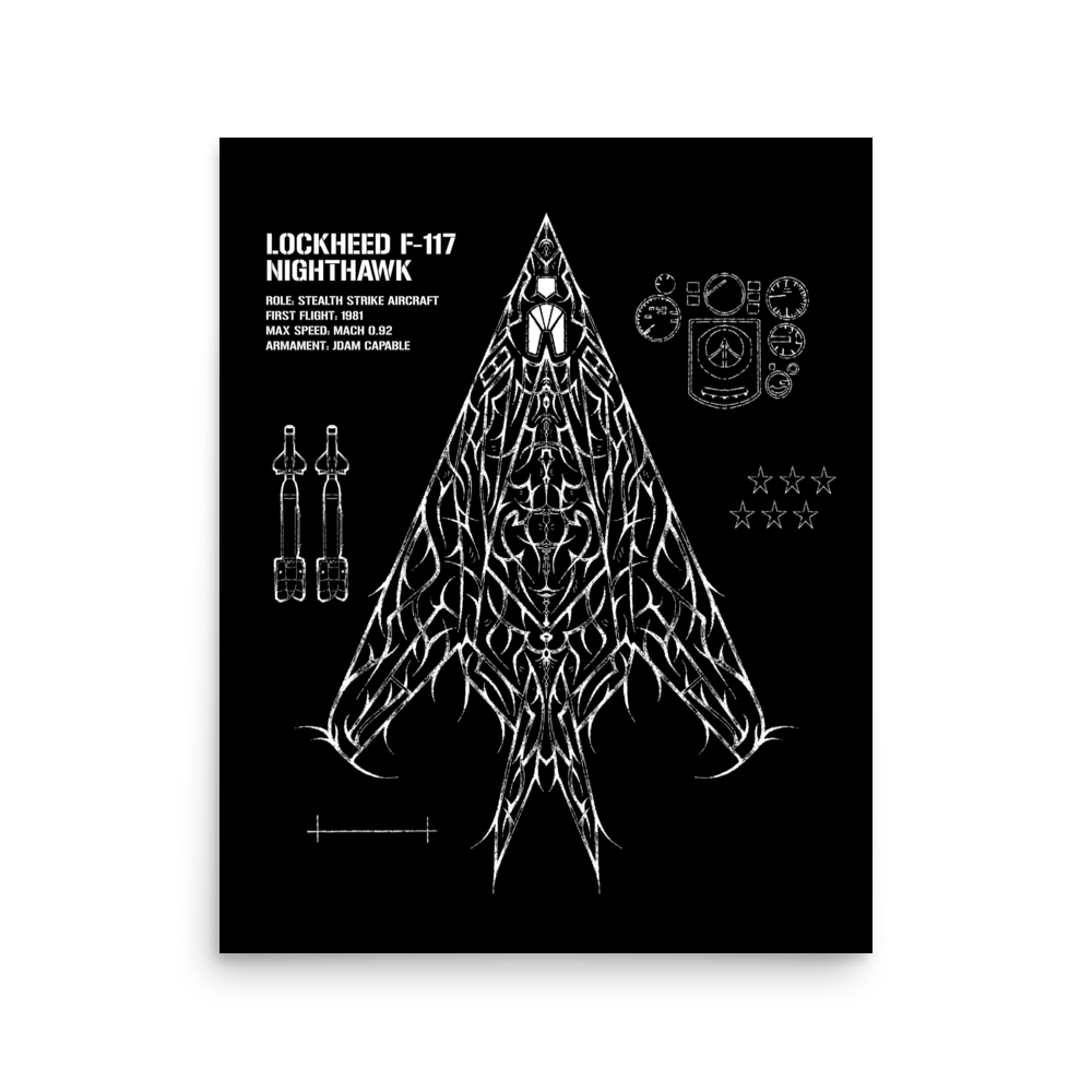 Aviation art poster featuring a tribal-style Lockheed F-117 Nighthawk blueprint design.