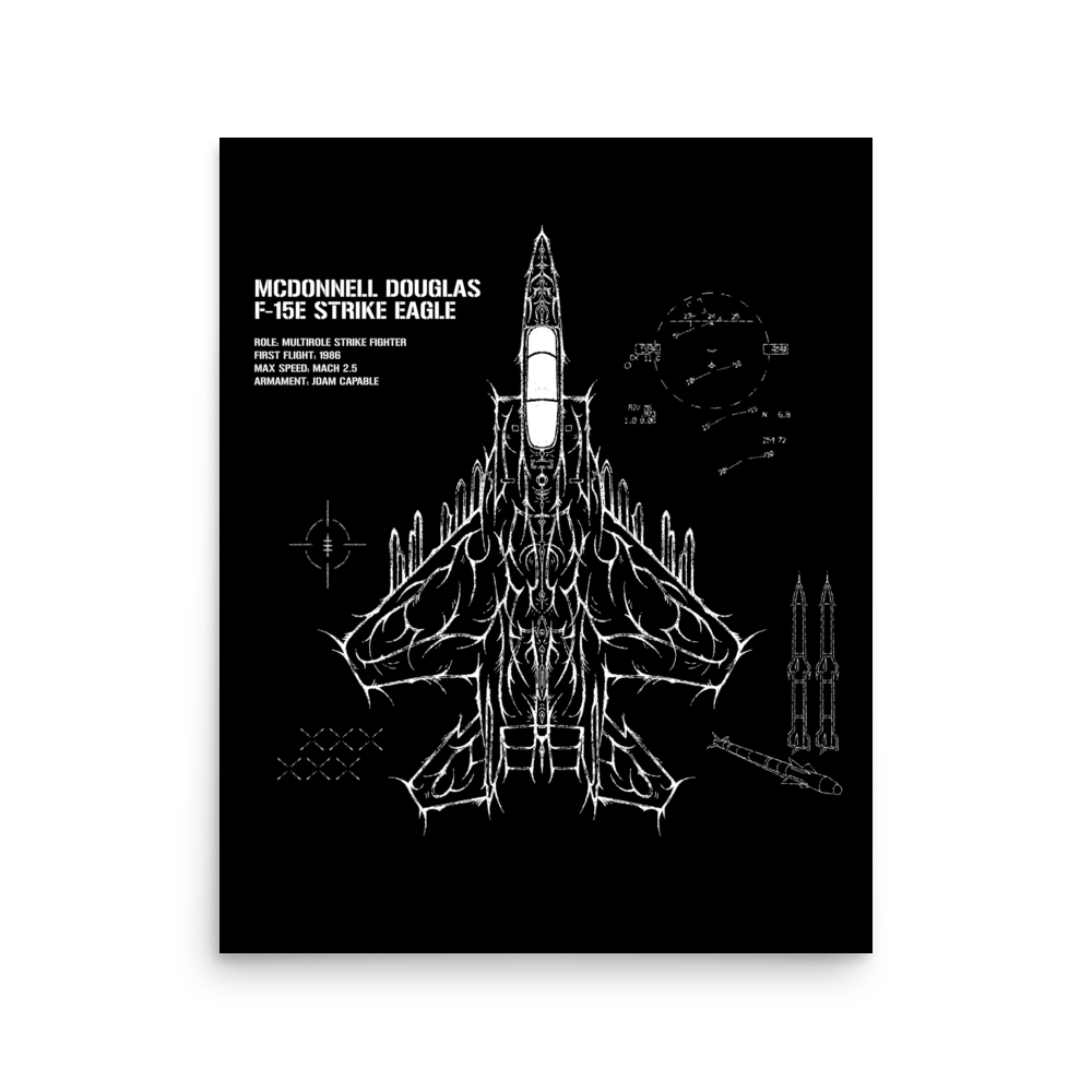 F-15E Strike Eagle blueprint art poster with white aviation linework on black background