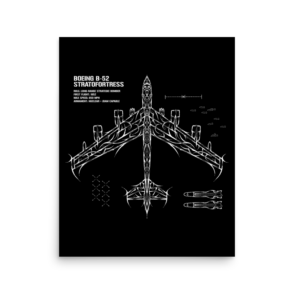 Boeing B-52 Stratofortress tactical bomber poster with technical line art on black background