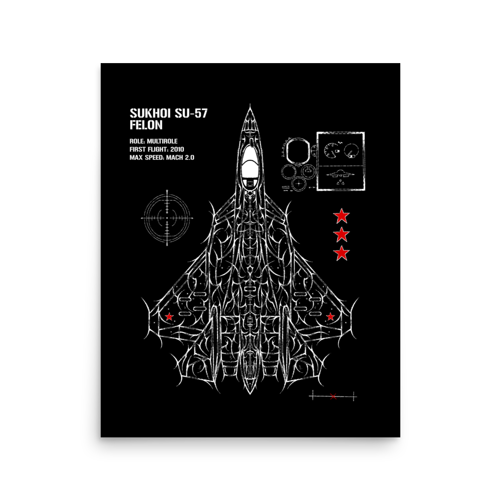 Aviation poster featuring Sukhoi SU-57 Felon jet blueprint with technical details on black background.