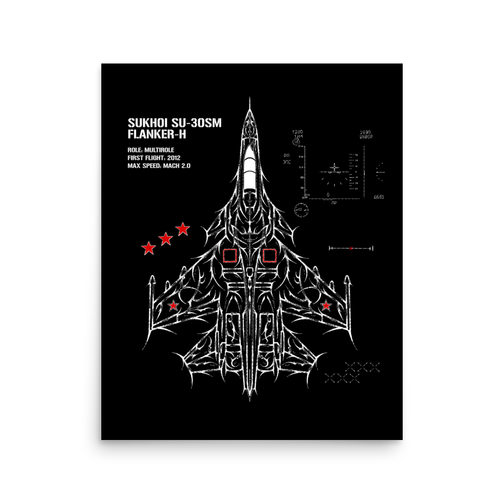Sukhoi SU-30SM flanker jet schematic poster with aviation-inspired line art on black background