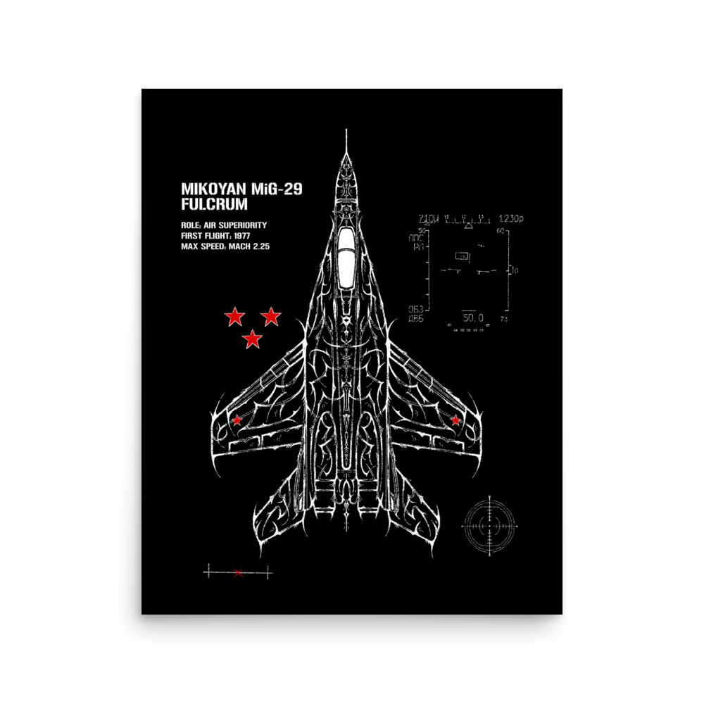 Aviation poster of Mikoyan MiG-29 jet blueprint with red stars on matte black background.