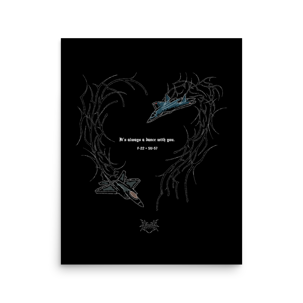Poster with illustrated F-22 and SU-57 fighter jets in a heart shape, aviation street art