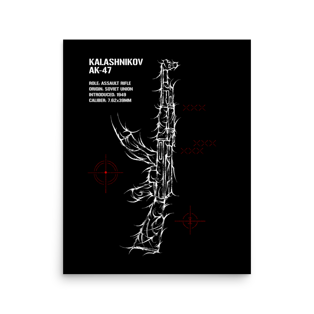 Artistic AK-47 rifle linework poster with specs, black background, red target accents