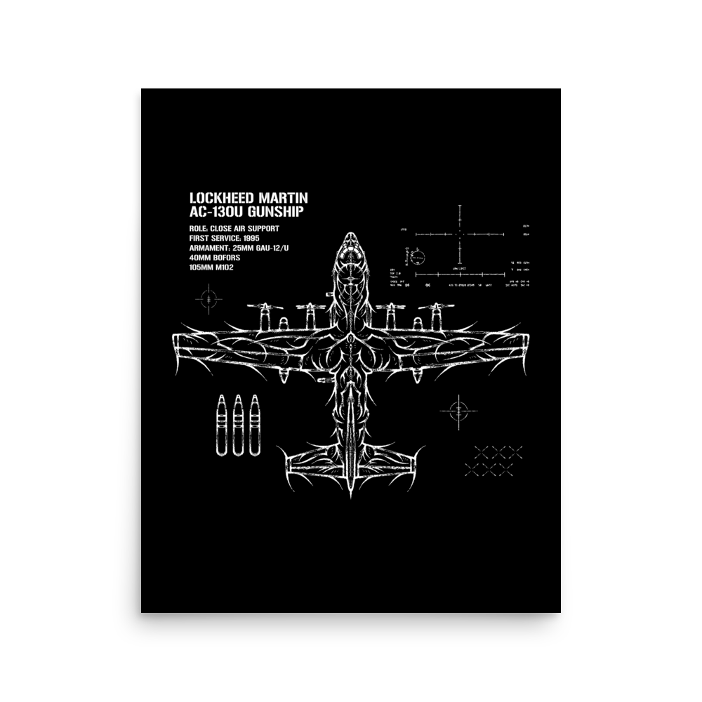 AC-130U gunship schematic poster with technical line art on a black background