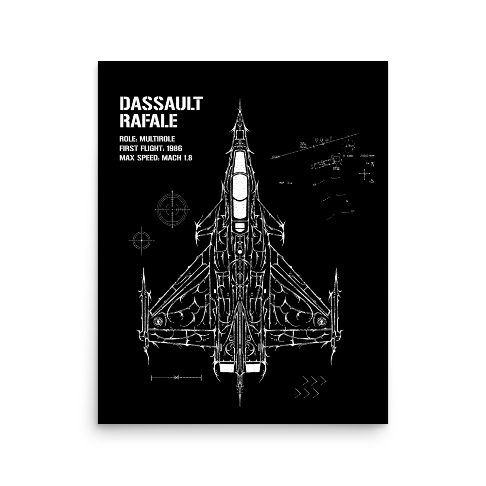Aviation poster featuring Dassault Rafale jet blueprint with technical details on black background.
