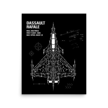 Aviation poster featuring Dassault Rafale jet blueprint with technical details on black background.