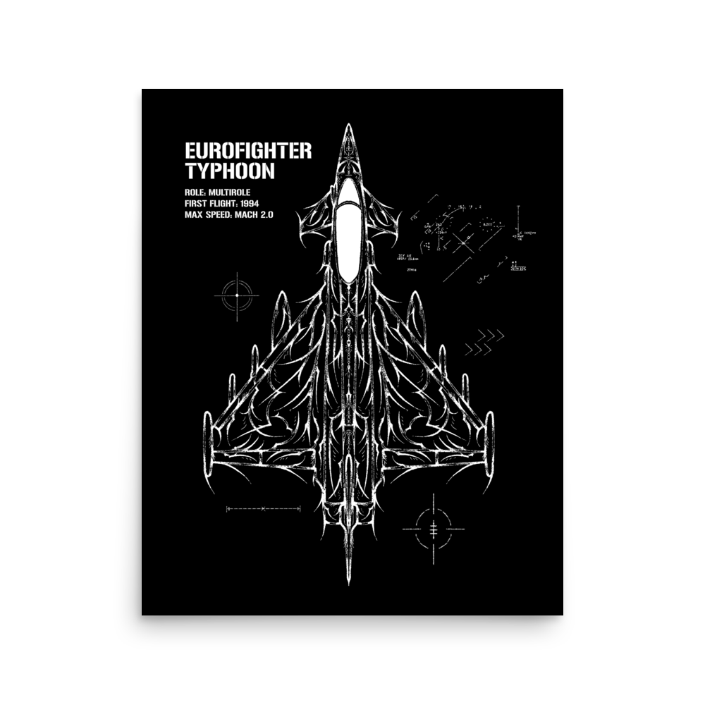 Eurofighter Typhoon poster, white technical line art of fighter jet on black background