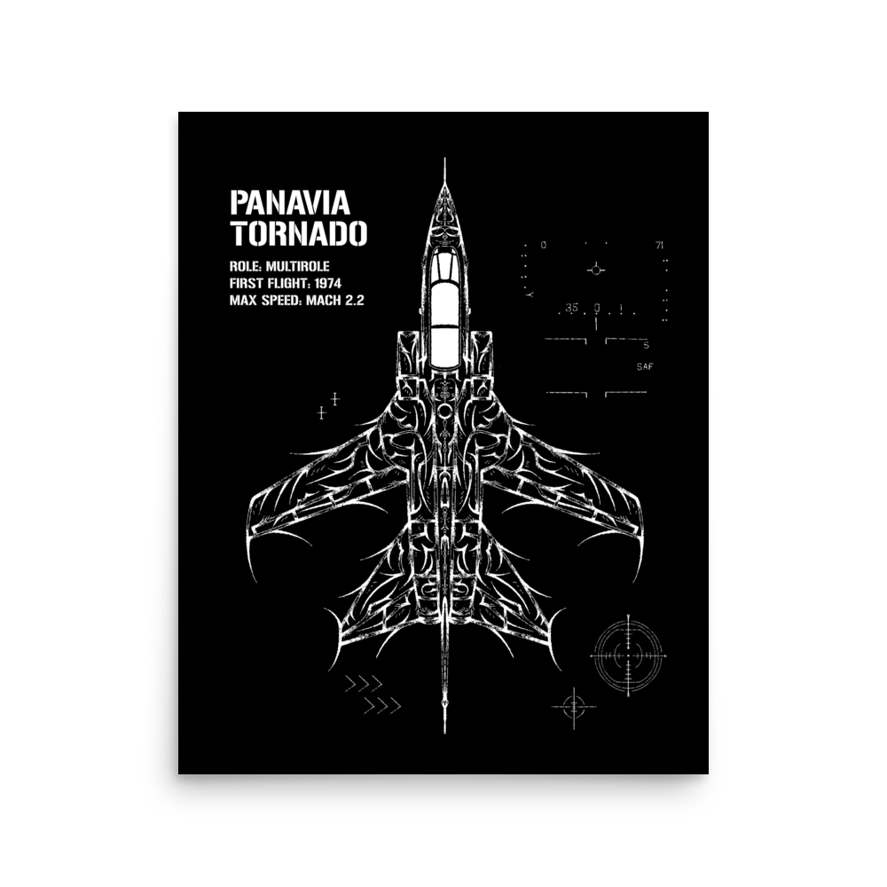 Panavia Tornado jet schematic poster, aviation art with technical graphics on black background