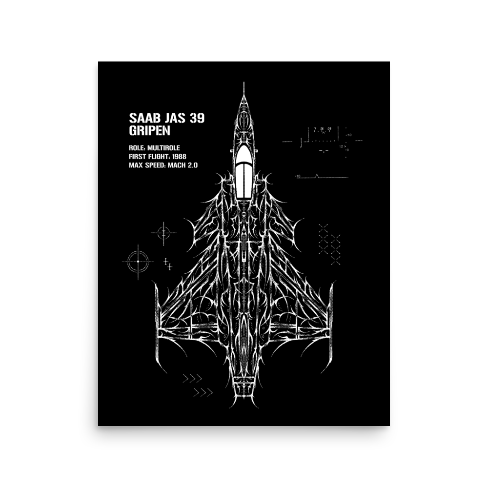 SAAB JAS 39 Gripen fighter jet line art poster with technical details on black background