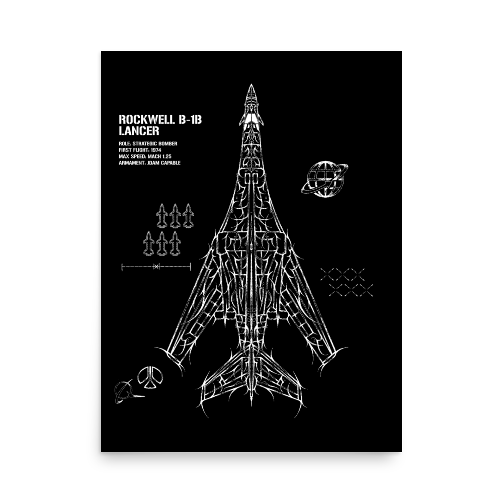 Black poster features a white aviation line art diagram of the Rockwell B-1B Lancer bomber.