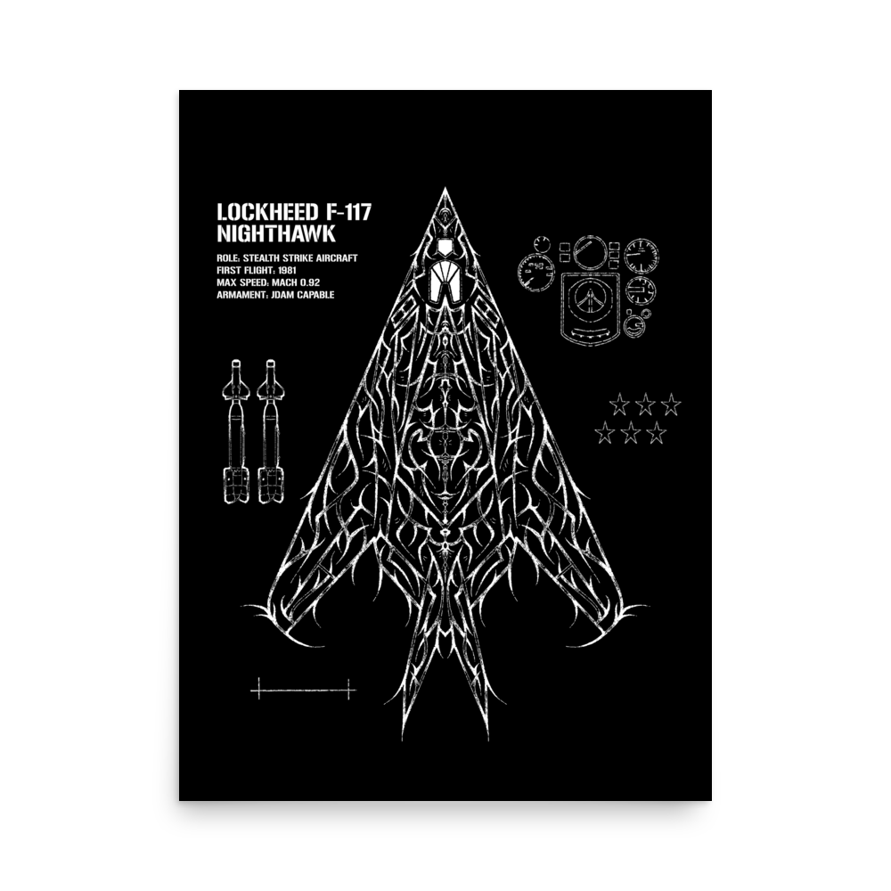 F-117 Nighthawk poster with artistic linework, stealth aircraft specs, and aviation-themed icons.