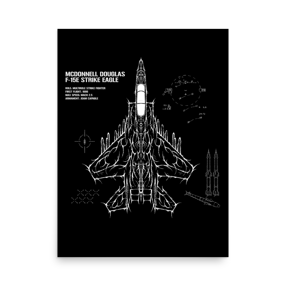 F-15E Strike Eagle blueprint-style poster, artistic aviation linework on black background