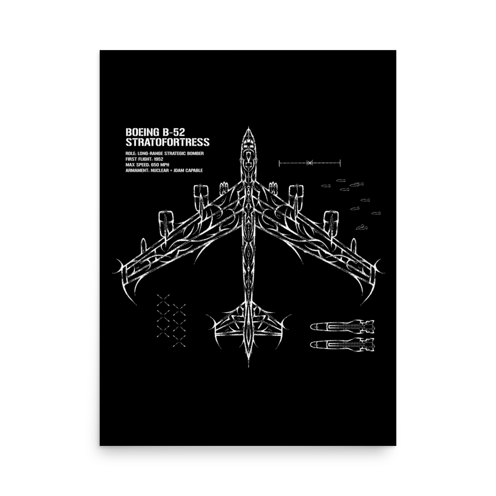 Boeing B-52 Stratofortress aviation poster with white line art and technical details on black