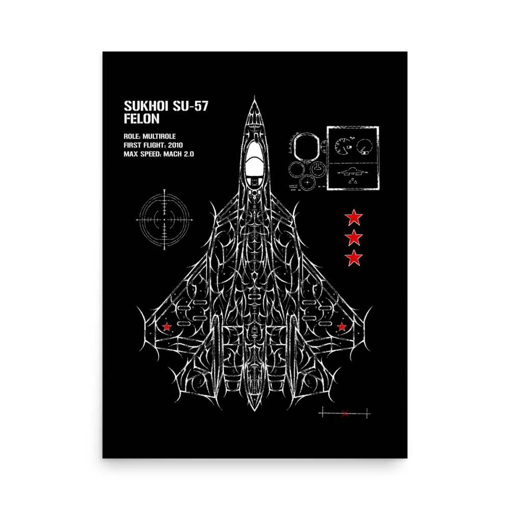 Poster featuring Sukhoi SU-57 Felon fighter jet blueprint with aviation design elements on black background.