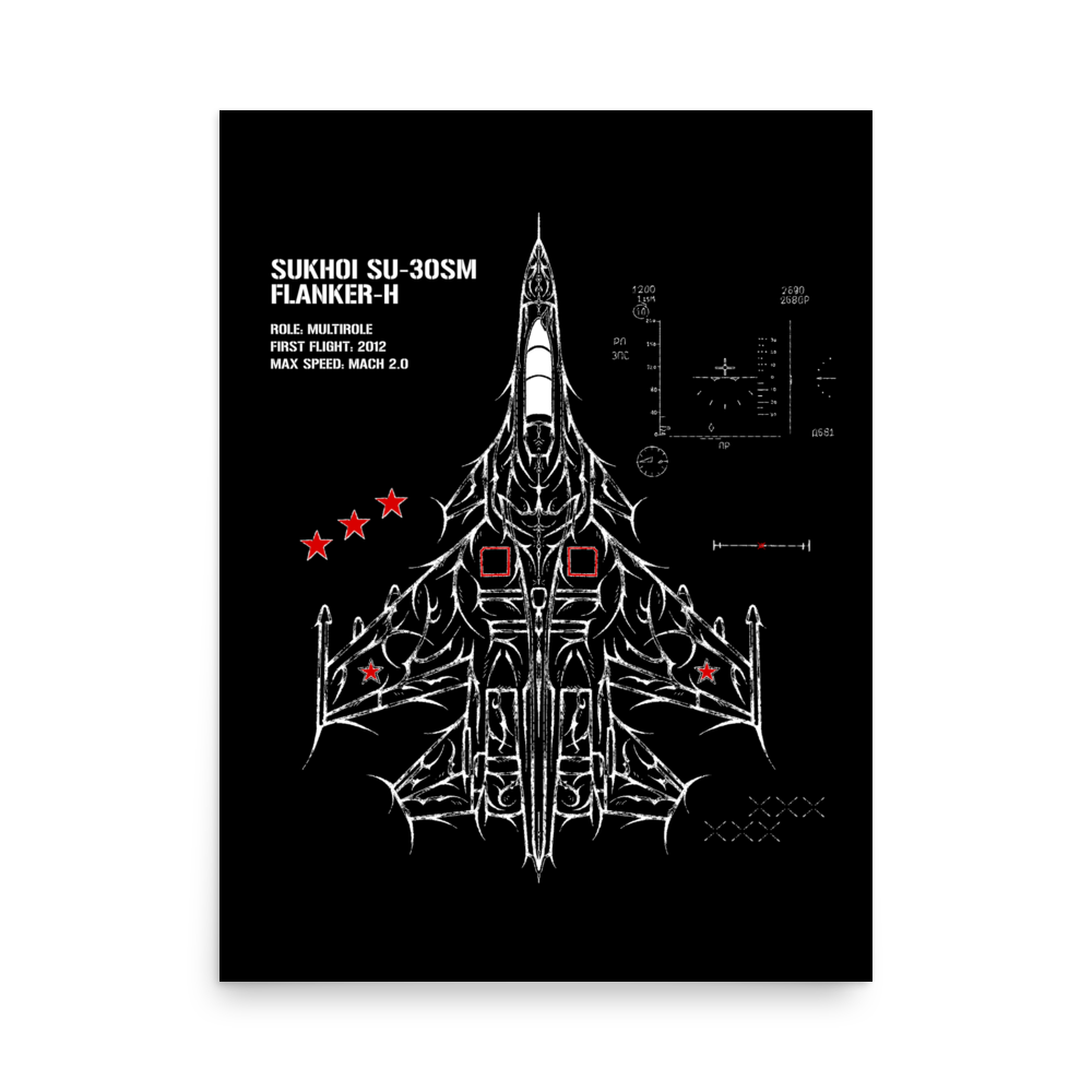 Aviation poster with artistic Sukhoi SU-30SM fighter jet blueprint, red stars, black background