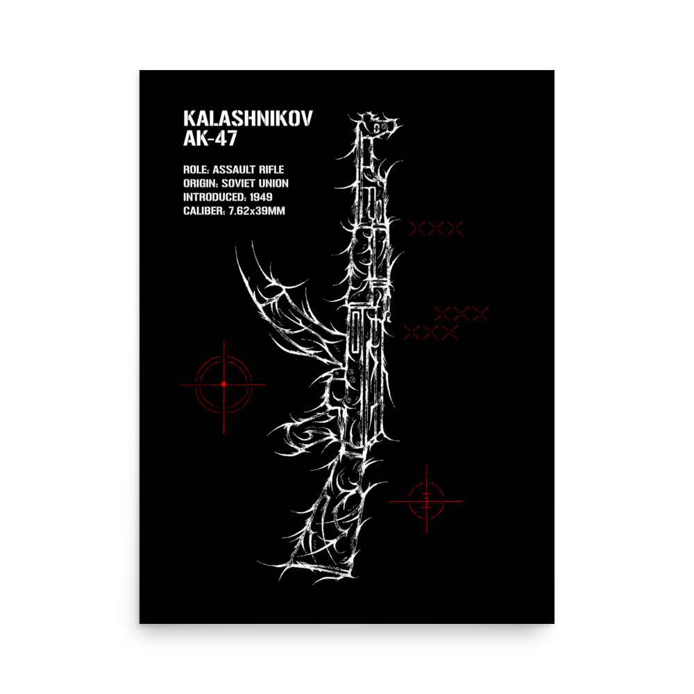 Aviation-inspired poster with artistic AK-47 line art, white thorns, and red target graphics on black background.