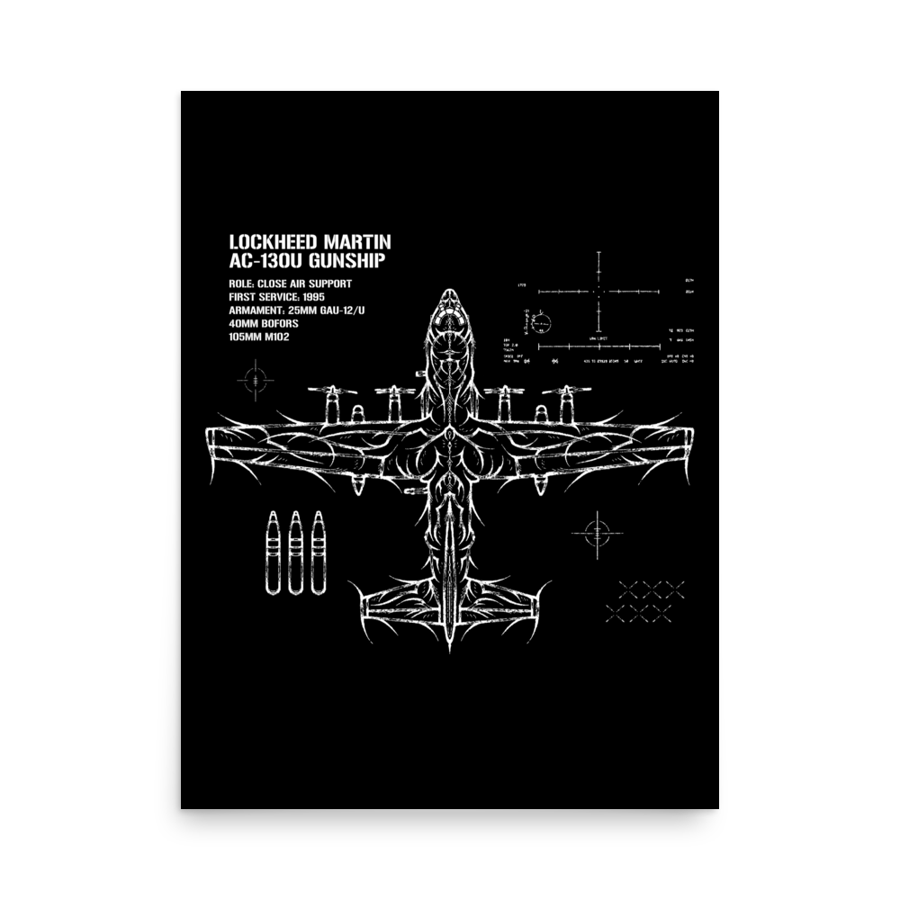 AC-130U Gunship blueprint poster with technical specs and ammunition illustration, black background