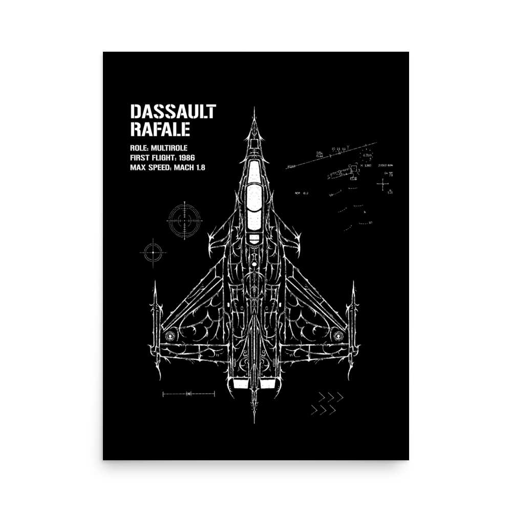 Dassault Rafale blueprint poster, tactical jet line art, military aviation wall decor