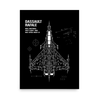 Dassault Rafale blueprint poster, tactical jet line art, military aviation wall decor