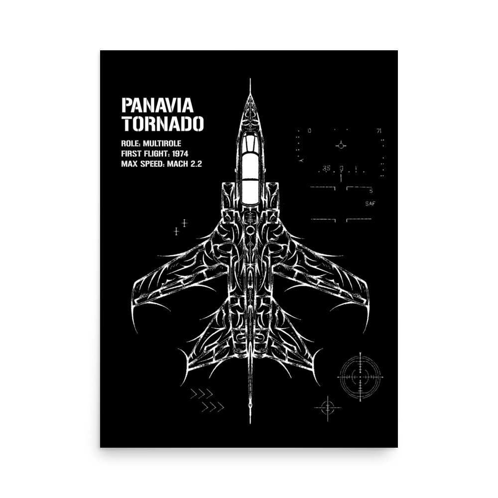 Panavia Tornado poster with technical line art, aviation stats, and cockpit graphic accents