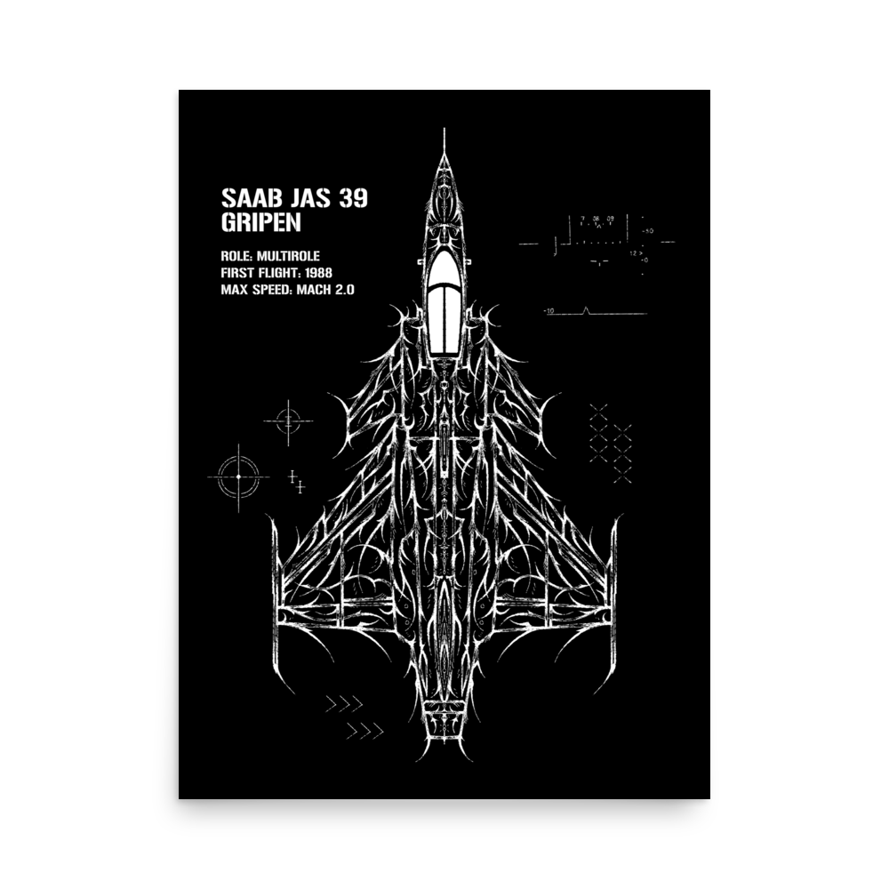 Poster featuring abstract line art of a Saab JAS 39 Gripen fighter jet in white on black background