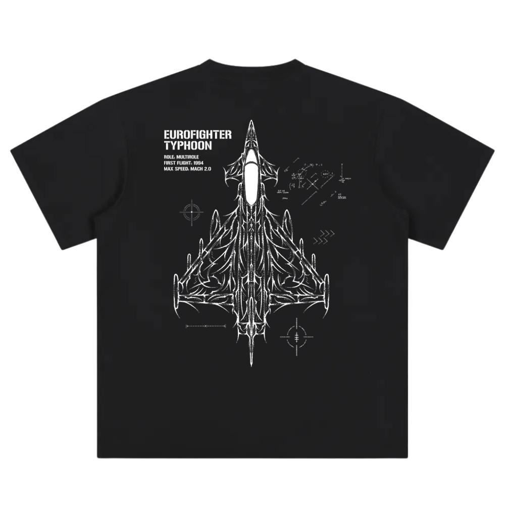 Black t-shirt with Eurofighter Typhoon technical jet graphic and aviation details on back