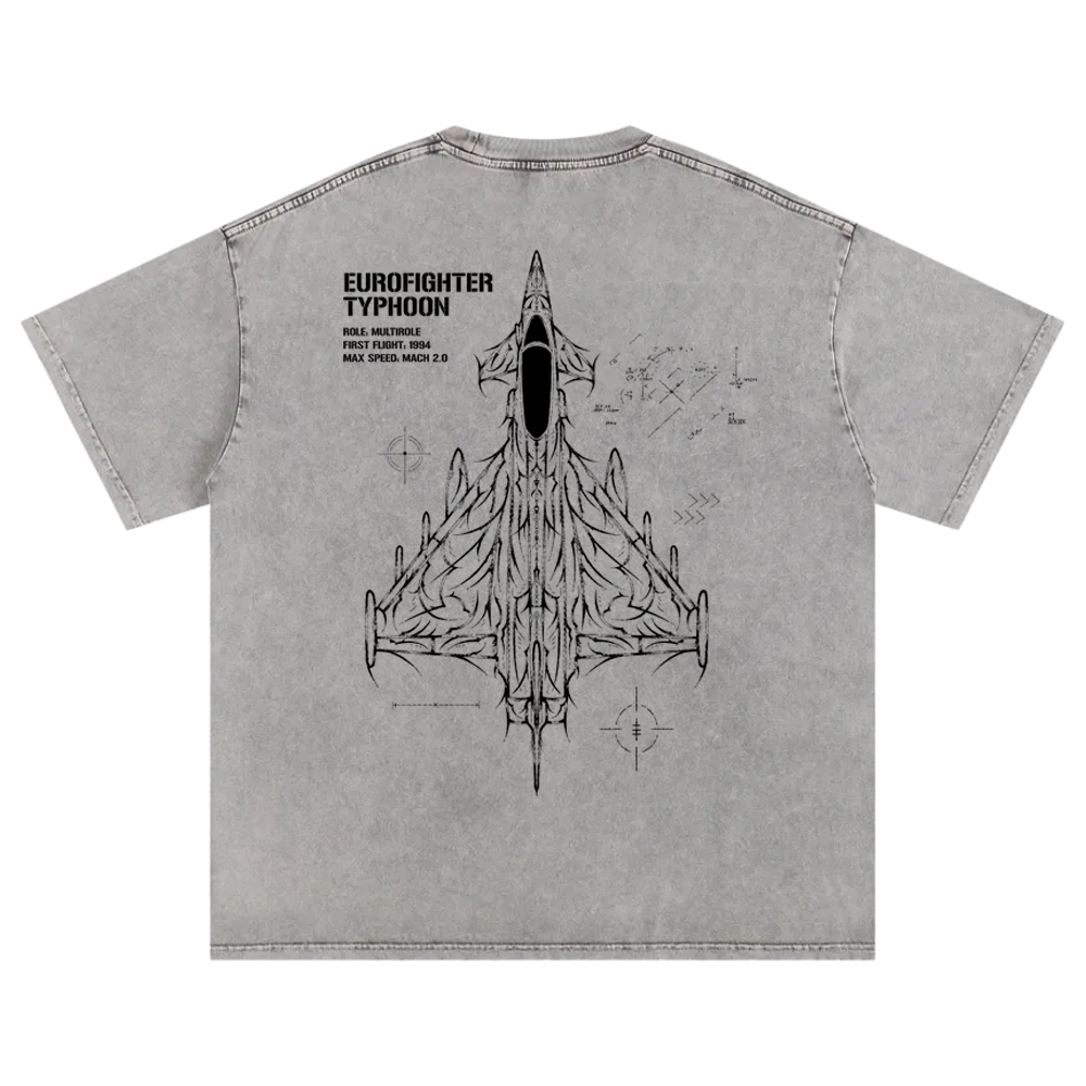 Grey t-shirt back with Eurofighter Typhoon jet schematic and aviation-inspired graphics.