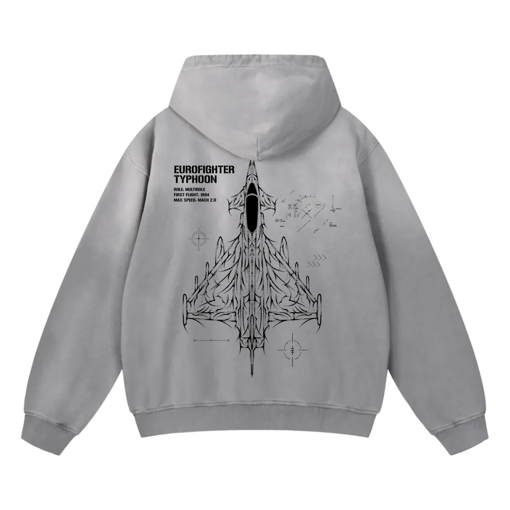 Grey hoodie with Eurofighter Typhoon jet graphic and technical blueprint design on the back.
