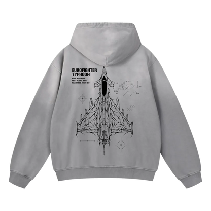 Grey hoodie with Eurofighter Typhoon jet graphic and technical blueprint design on the back.