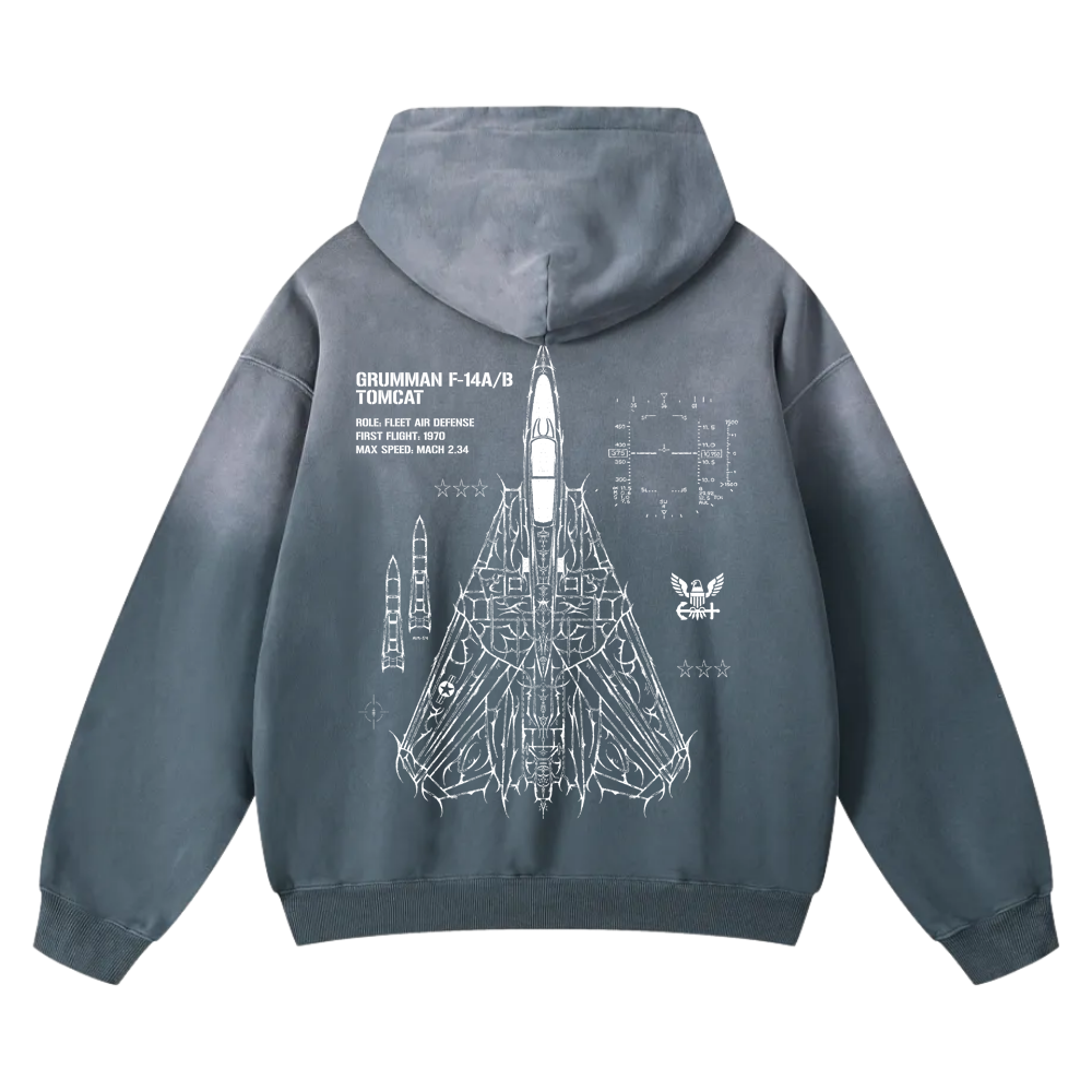 Blue hoodie with white F-14 Tomcat jet blueprint graphic and aviation details on the back