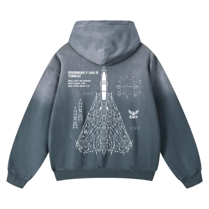 Blue hoodie with white F-14 Tomcat jet blueprint graphic and aviation details on the back