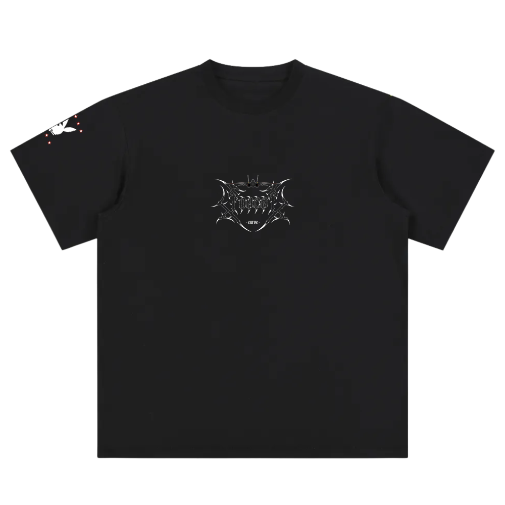 Black t-shirt with metallic aviation-inspired chest graphic and aircraft motif on sleeve