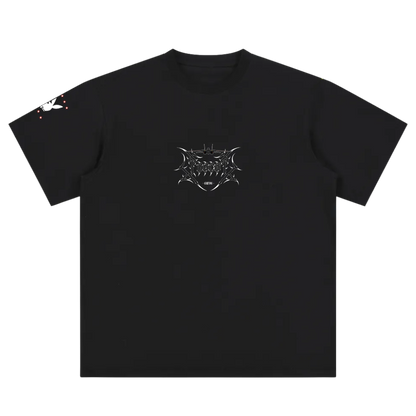 Black t-shirt with metallic aviation-inspired chest graphic and aircraft motif on sleeve