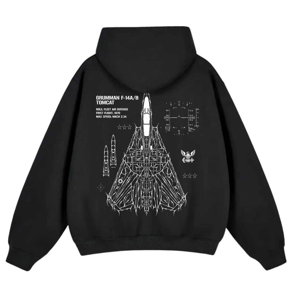 Black hoodie featuring white schematic F-14 Tomcat jet graphic with aviation-inspired details
