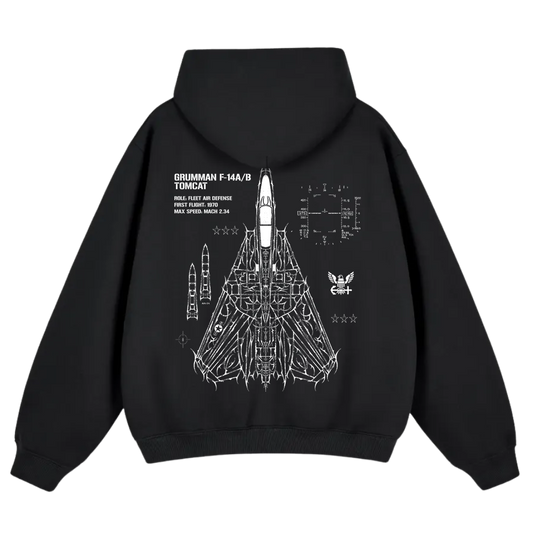 Black hoodie featuring white schematic F-14 Tomcat jet graphic with aviation-inspired details