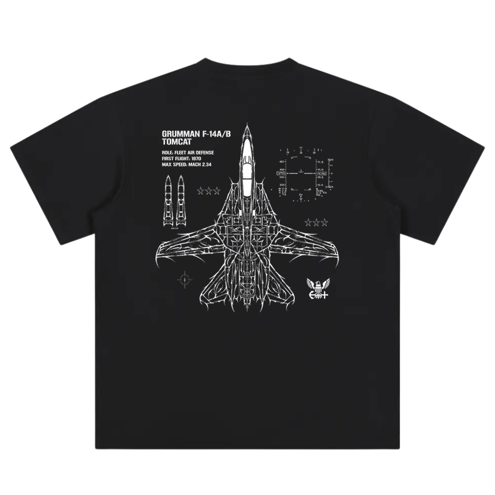 Black t-shirt with white F-14 Tomcat schematic, technical specs, and aviation-inspired graphics.