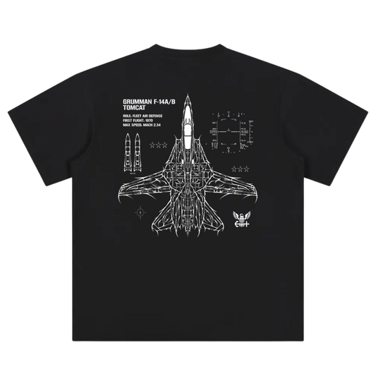 Black t-shirt with white F-14 Tomcat schematic, technical specs, and aviation-inspired graphics.