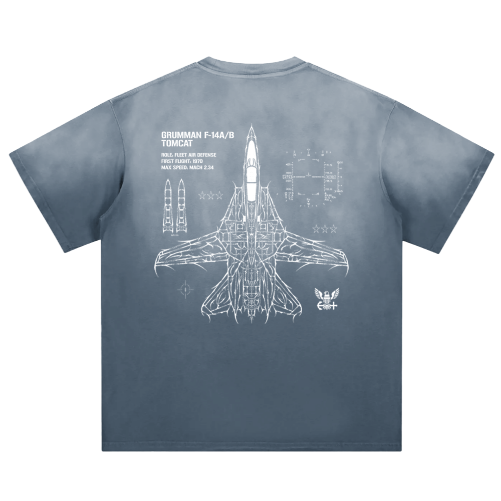 Blue t-shirt with F-14 Tomcat aircraft schematic and technical details on the back