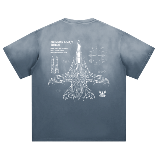 Blue t-shirt with F-14 Tomcat aircraft schematic and technical details on the back