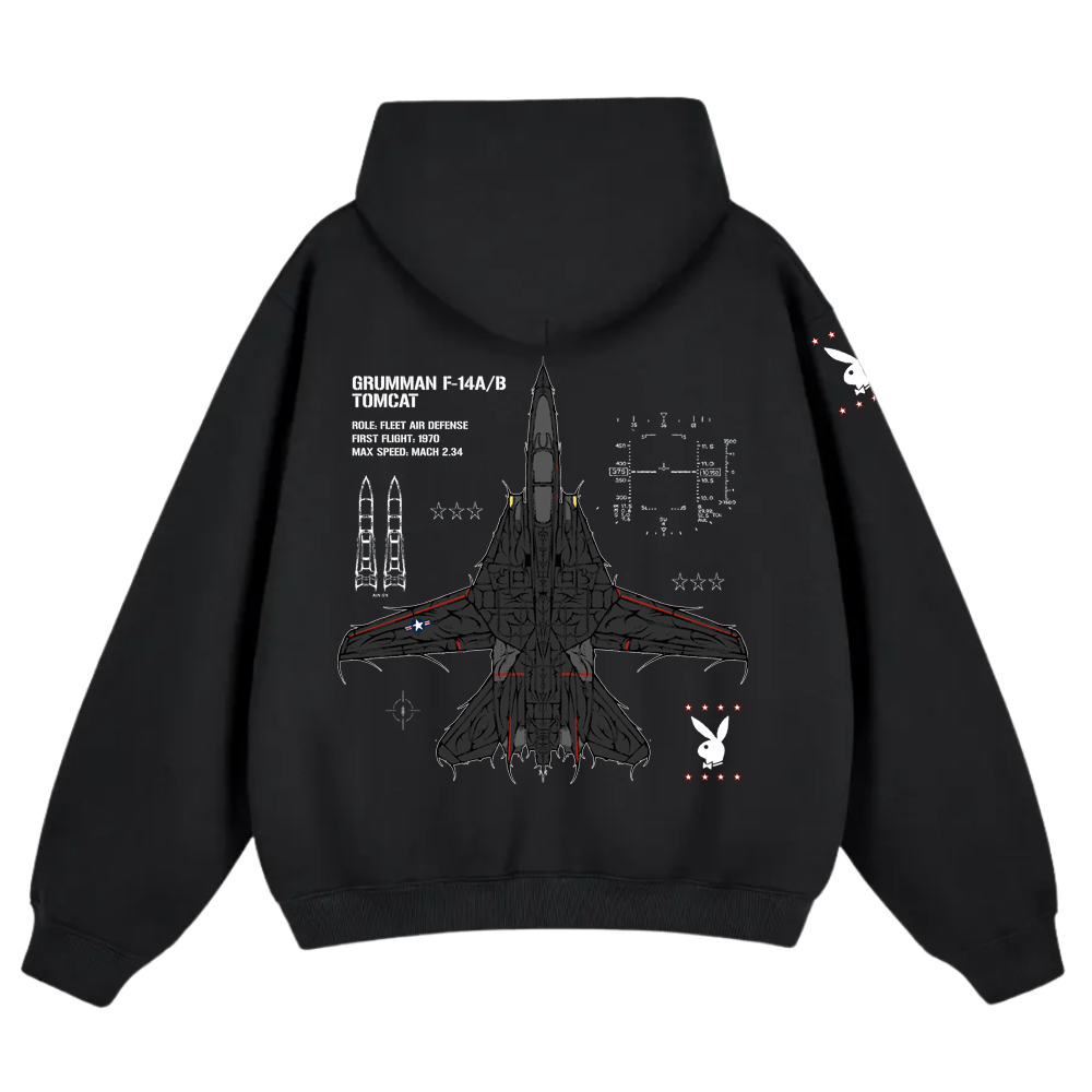 Black hoodie featuring aviation-inspired F-14 Tomcat jet graphic with technical details on back.