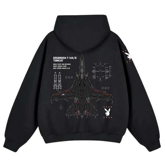 Black hoodie featuring aviation-inspired F-14 Tomcat jet graphic with technical details on back.