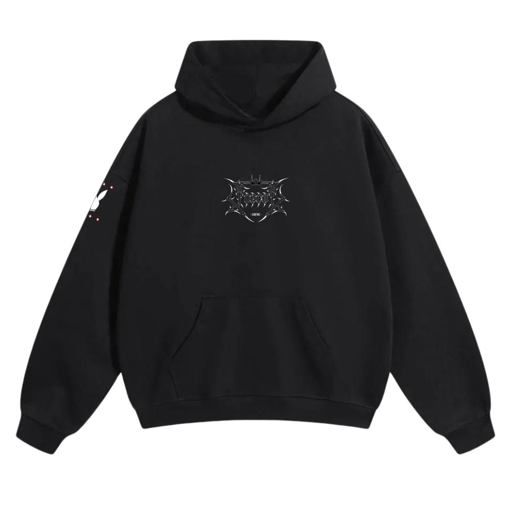 Black tactical hoodie with metallic art logo on chest and white graphic on sleeve, streetwear style