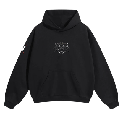 Black tactical hoodie with metallic art logo on chest and white graphic on sleeve, streetwear style