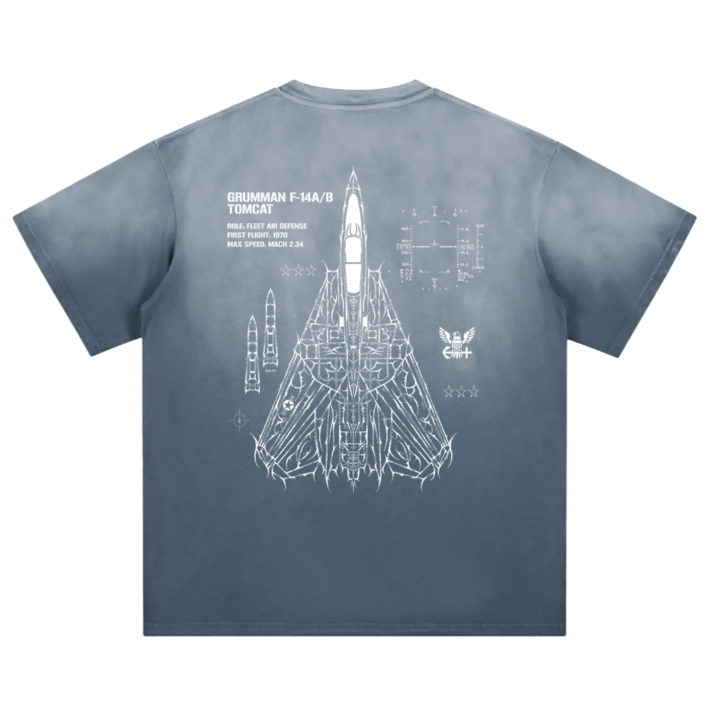 Blue graphic tee with white F-14 Tomcat jet schematic and technical aviation details on back