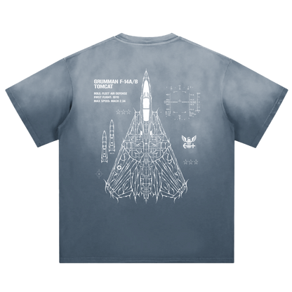 Blue graphic tee with white F-14 Tomcat jet schematic and technical aviation details on back