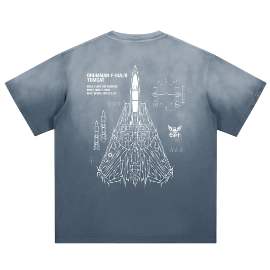 Blue graphic tee with white F-14 Tomcat jet schematic and technical aviation details on back