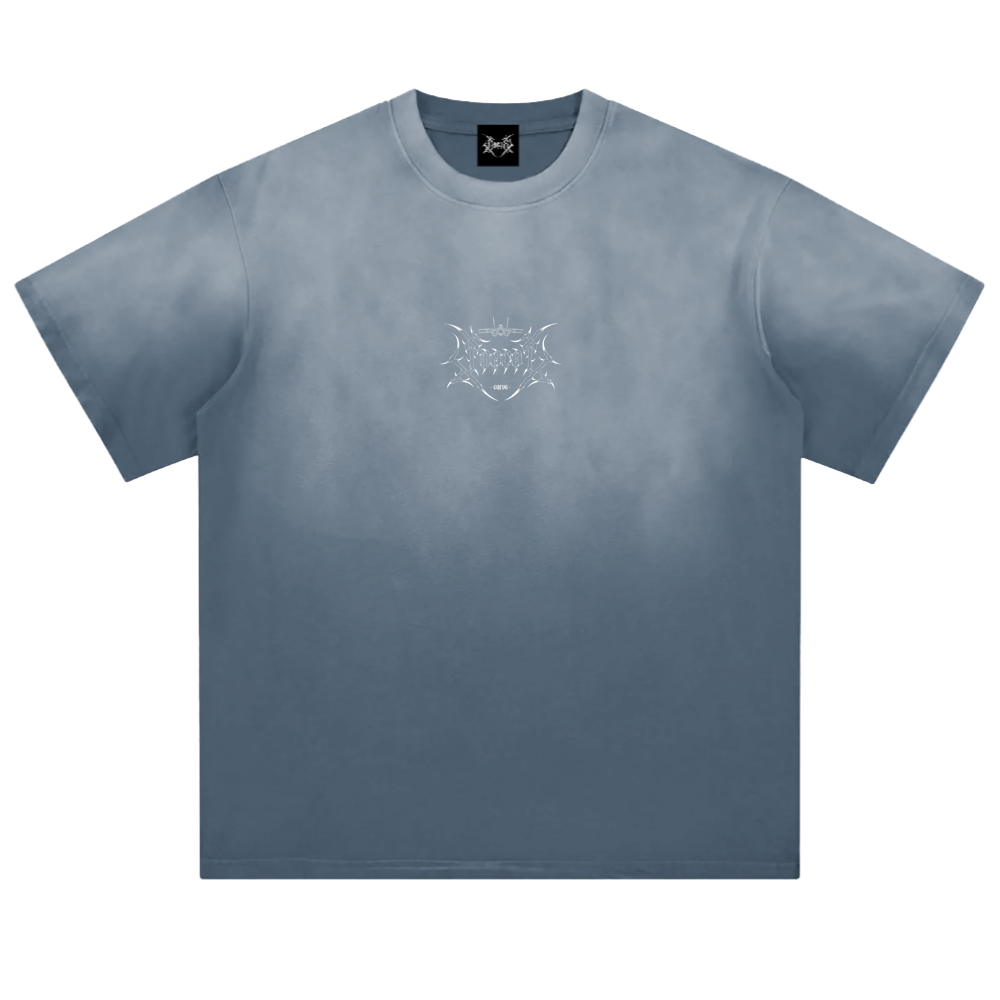 Blue streetwear t-shirt with white aviation-inspired graphic on chest, short sleeves